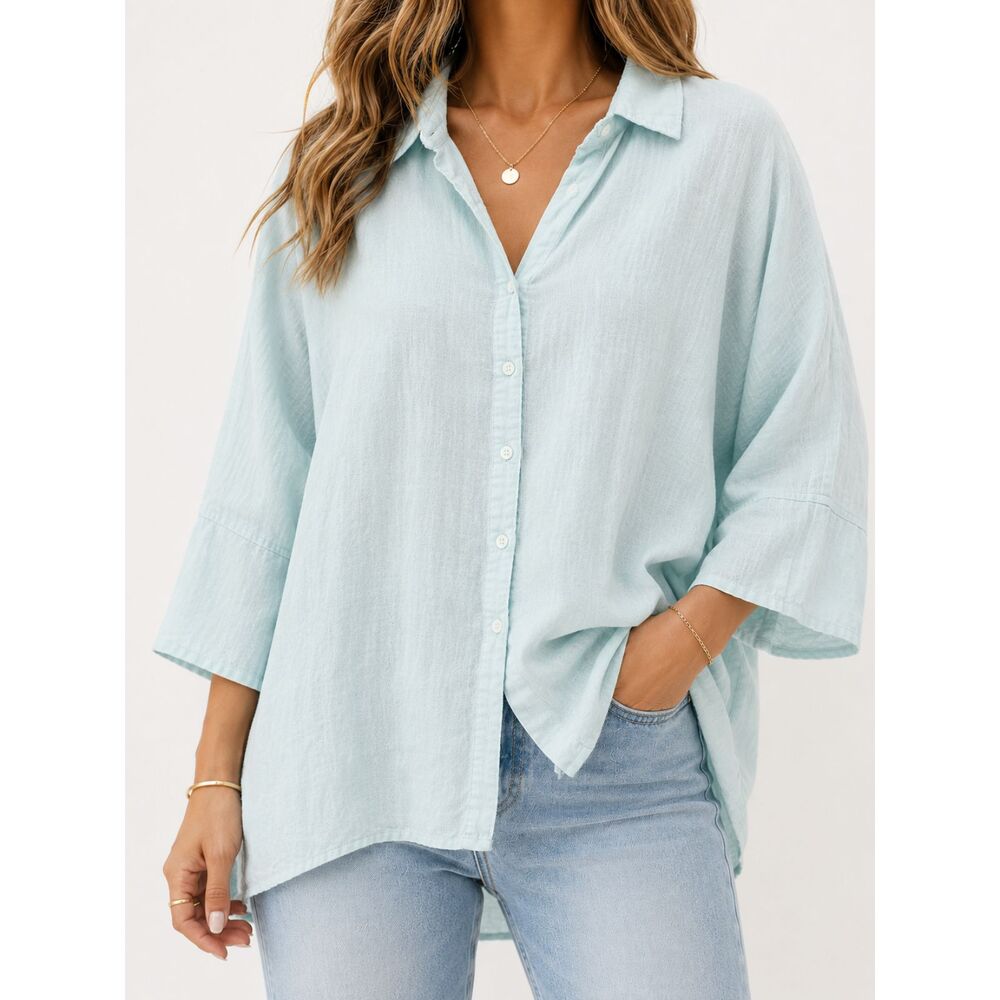 Adrienne Vittadini 2X Light Blue Linen Rayon Button Blouse Coastal Quiet Luxury